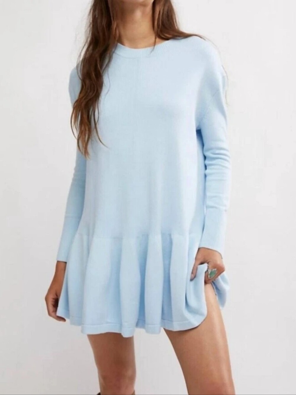 Free People NEW Time on My Side Mini Dress Ice Water Blue Sweater Knit Medium